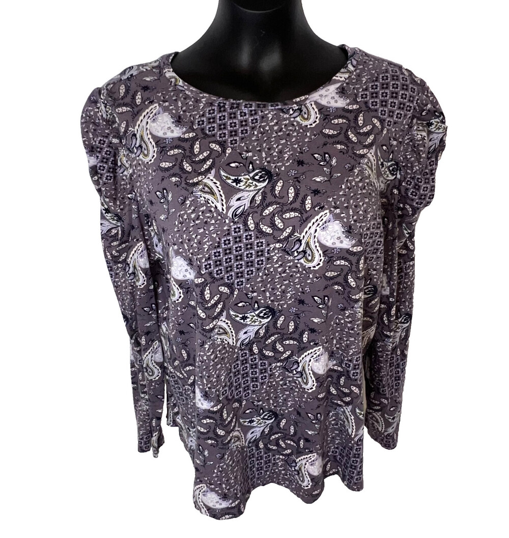LOFT Outlet Women's XL Blouse Lavender Paisley Cottage Print Boat Neck Puff Slv
